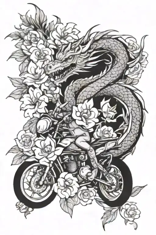 Dragon And Motorcycle And Flowers Around