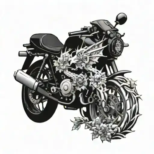 Dragon Motorcycle Engine Flowers Around