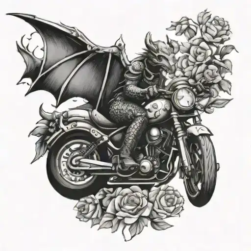 Dragon Riding Motorcycle With Flowers Around