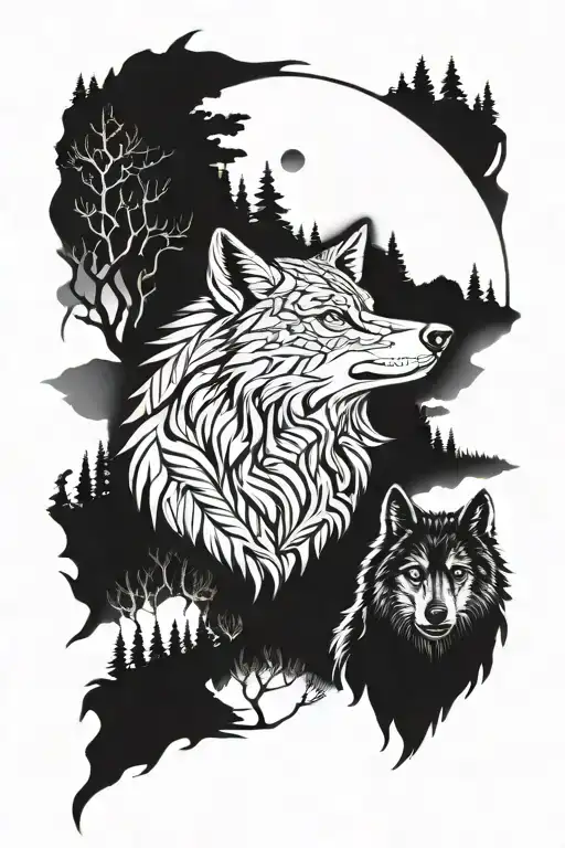 Wolf Face And Family Silouette
