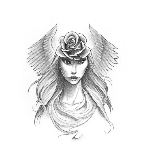 Female Angel With Beatiful Wings Carryng A Black Rose