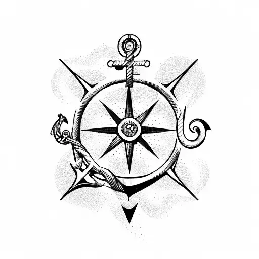 Anchor With Compass And Waves