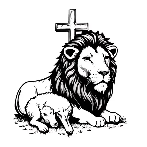 Lion With A Cross And A Lamb Peacefully Lying