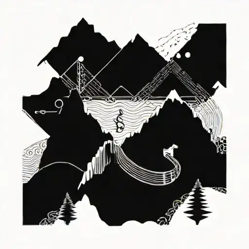 A Rectangular Geometric Mountain Landscape With Musical Notes Integrated Into The Design