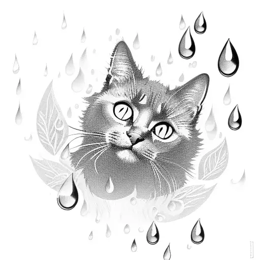 A Mysterious Black Cat Surrounded By Flowers And Raindrops