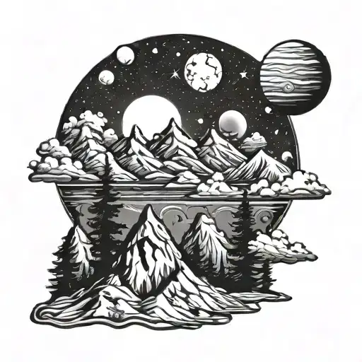 Mountains With Pine Trees And Space And Planets Above The Horizon