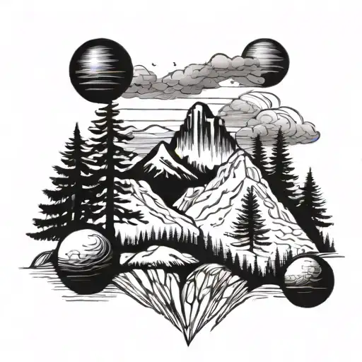 Mountains With Pine Trees In The Foreground And Space And Planets Above The Horizon