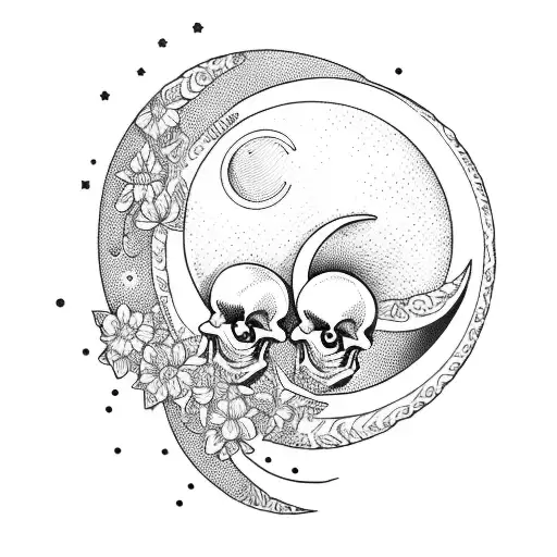 A Skull With Flowers And A Crescent Moon