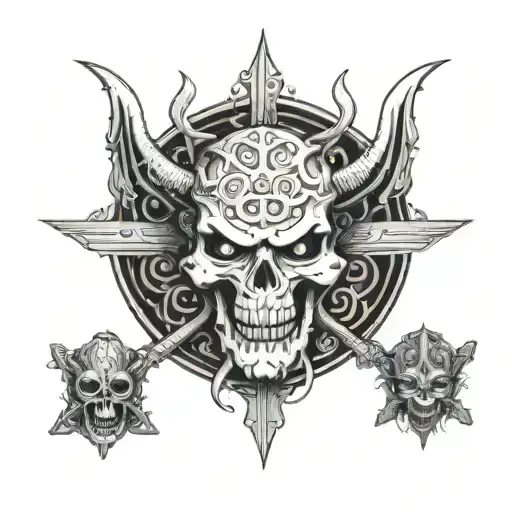 The Word Angel Surrounded By An Oni Mask And Three Katanas