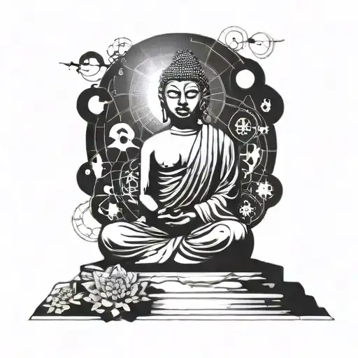 A Serene Buddha Meditating In A Peaceful Natural Setting Surrounded By Mathematical Equations