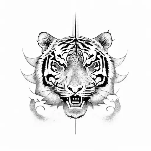 A Fierce Tiger Roaring With Ravan's Ten Heads In The Background