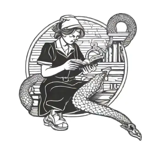 Nurse Reading A Book With A Snake