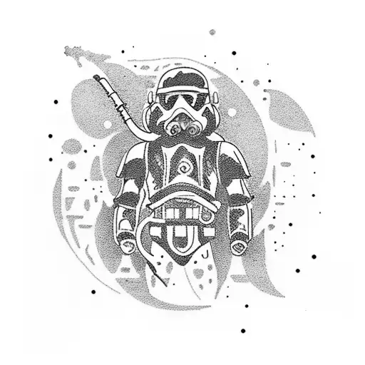 A Dotwork Tattoo Of A Scuba Diver Exploring The Ruins Of A Star Wars Spaceship