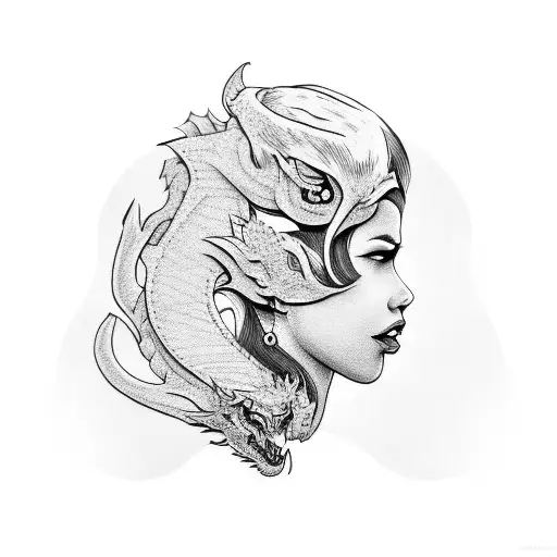 Woman's Face In Profile Surrounded By A Dragon
