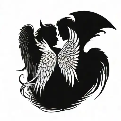 Tatto Devil And Angel Looking At Each Other With A Big Wing From The Side In The Middle Of My Back