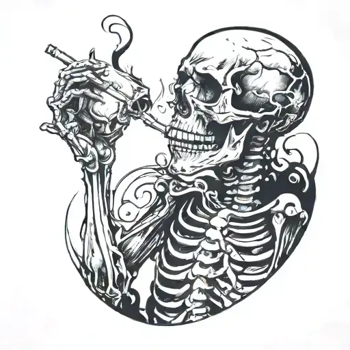 A Skeleton Smoking A Cigarette And A Devilish Figure Behind Him Whispering Something To His Ear