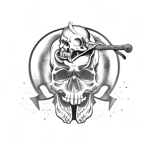 Skull With Knife In Mouth And Bayleaf Around Head