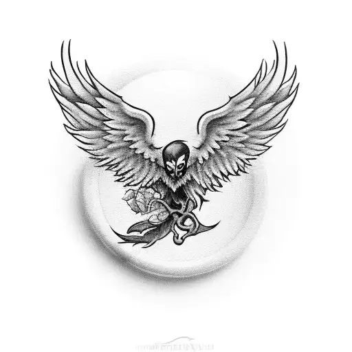 Phoenix That Is Flying And Holding A Skull With Left Claw And Holding A Rose In Right Claw