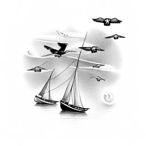 Three Little Birds Flying Above A Sailboat In The Water