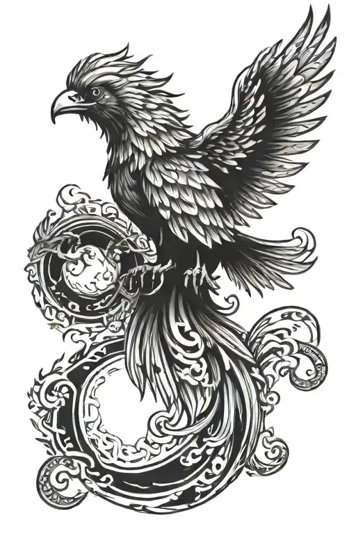 A Phoenix In Front Of The Sun And Moon