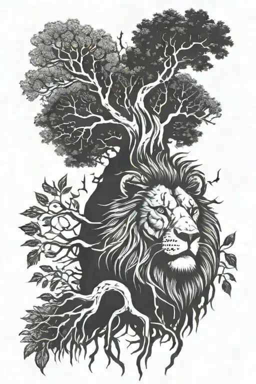 Lion Head In Roots Of Family Tree With Lightning On Top