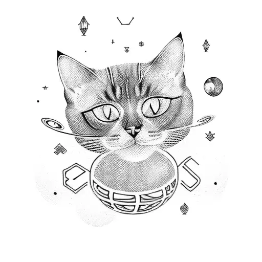 A Blackwork Tattoo Of A Cat Floating In Space With Planets And Stars Forming A Binary Code Pattern