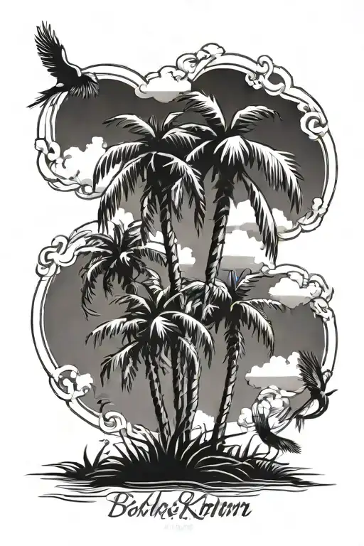 Palm Tree With Clouds And Some Birds And With The Date Of Birth Of My Mother And Sister
