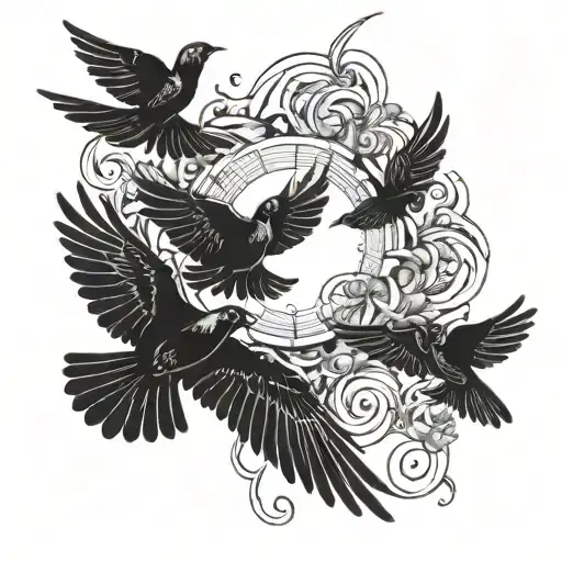 Sun Wrapping Around Elow With Black Small Doves Flying Towards The Sun