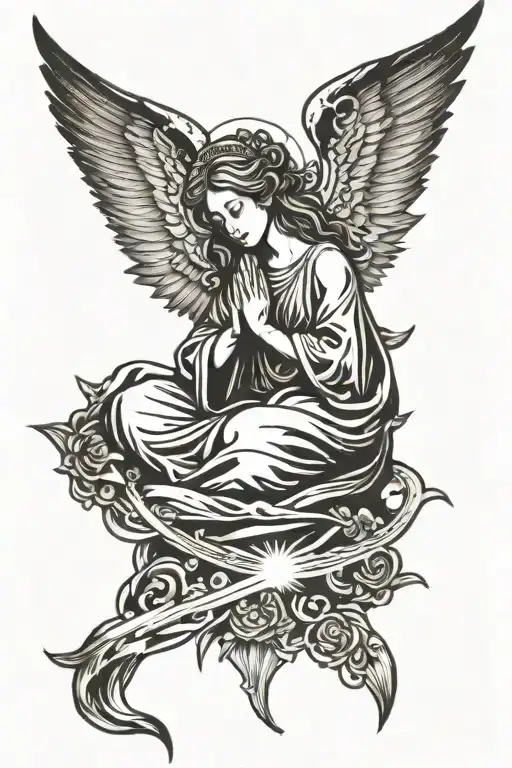 Praying Angel With Sun Rays Radiating From Her Upper Half And Clouds Surrounding Her Lower Half