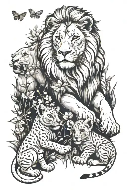 Lion And Lioness With Two Cubs Catching A Butterfly