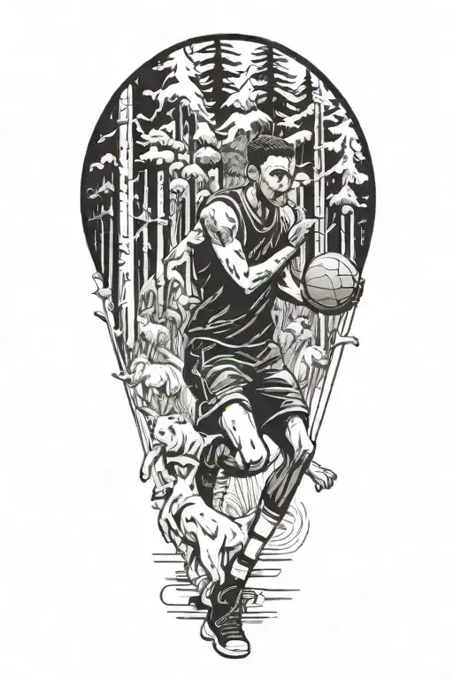 A Basketball Player Dribbling Through A Forest Filled With Playful Dogs