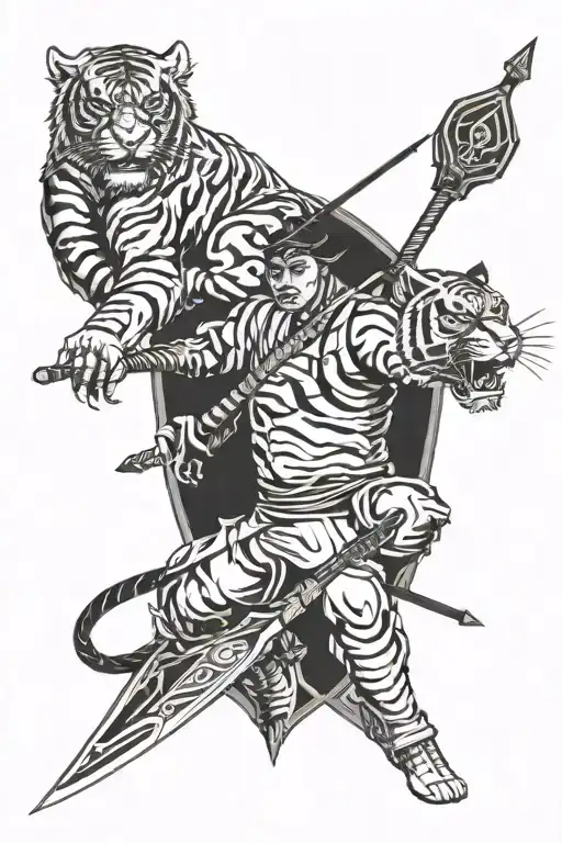 Katana And Tiger And Arrow And Dragon And