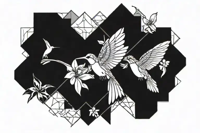 An Abstract Blackwork Tattoo Of Lilly Flowers And A Hummingbird In A Geometric Design