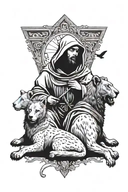 St Francis Of Assisi Sitting With Hood Up With A Lion At His Feet And Birds Flying Up