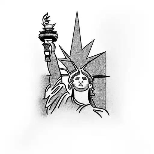 Statue Of Liberty With New York City Skyline And American Flag