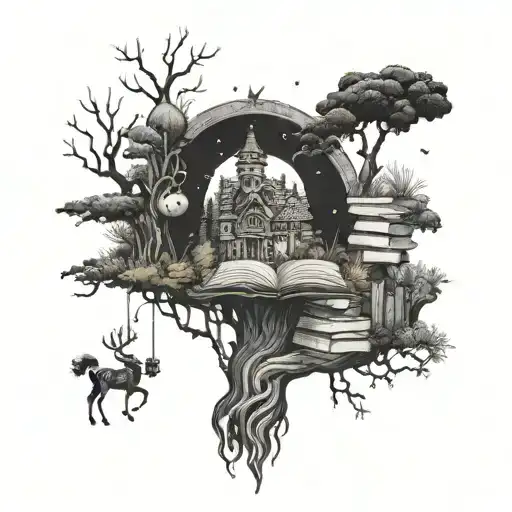 A Mystical Forest Scene With Books Growing As Trees And Magical Creatures Peeking Out