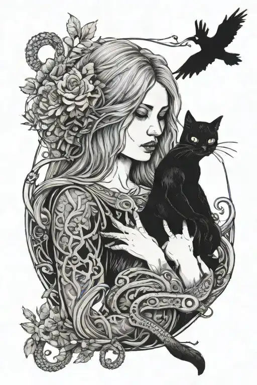 Ghostly Girl Holding Cat With Nature Background With Snakes