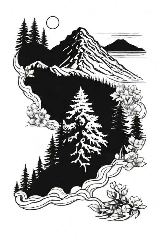 Mt Rainier On Top With Pine Tree Forrest On Bottom With Cherry Blossom Trees And Cacti