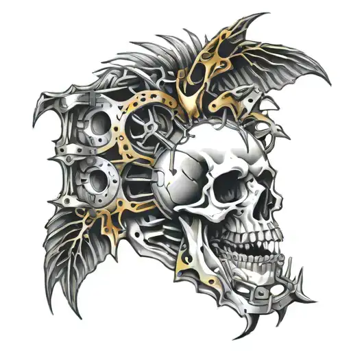 Slipknot Goat Skull Spine Ribs With Cranks Shaft And Pistons Emerging From Spine Tattoo