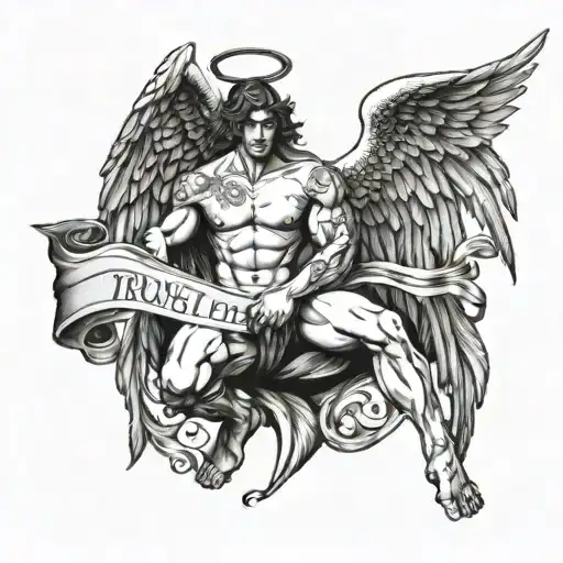 Topless Male Angel With A Banner Below Reading 'Trust Yourself'