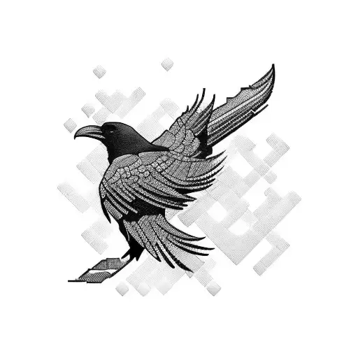 Raven Feathers Forming A Pixelated Pattern