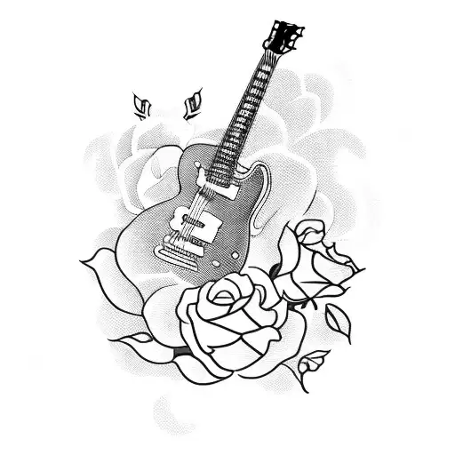 A Blackwork Tattoo Of A Guitar Surrounded By Roses And Clouds