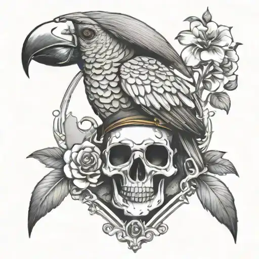 Sand Hourglass Parrot With Pirate Hat Skull With Sunglasses Exotic Flowers Memento Moro Style
