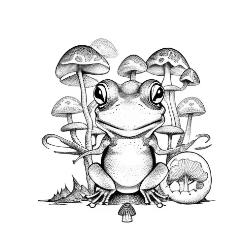 Whimsical Blackwork Tattoo Of A Frog Perched On A Mushroom In A Magical Forest