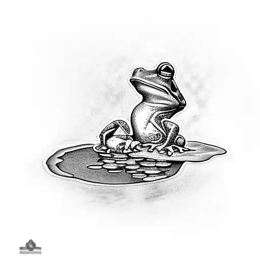 Realism Blackwork Tattoo Of A Frog Perched On A Lilly Pad In A Pond