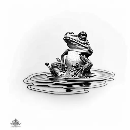 Realism Blackwork Tattoo Of A Frog Perched On A Lilly Pad In A Pond Flipping Middle Finger