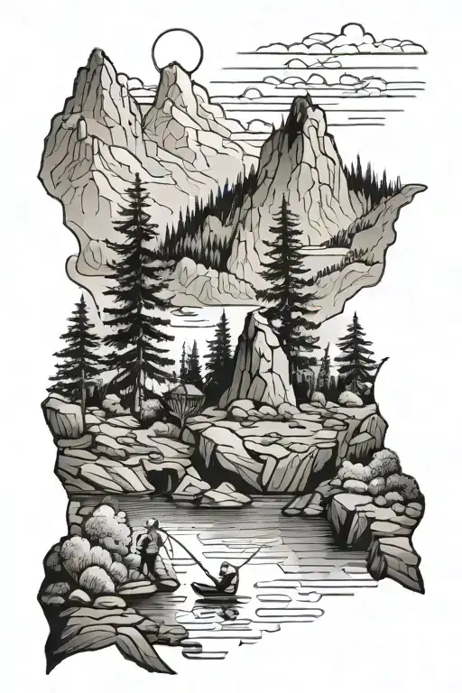 Mountain Landscape With A Fisherman By The River