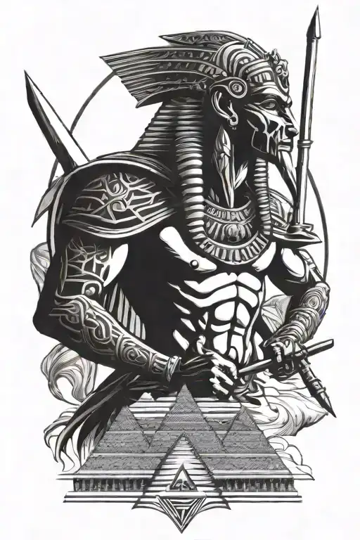 The God Ra On The Background Of The Pyramids With A Sword In His Hands