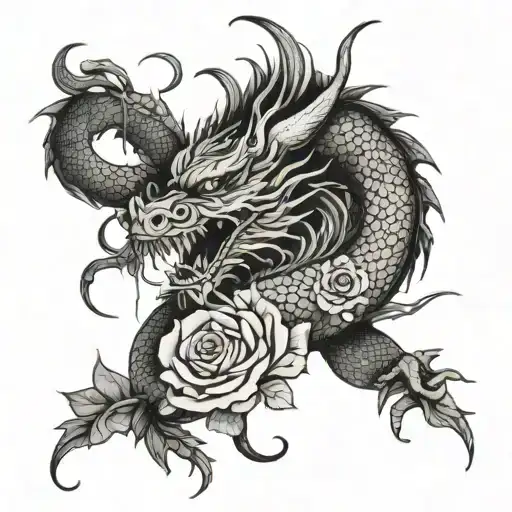 Gloomy Chinese Dragon Shrouded In Roses