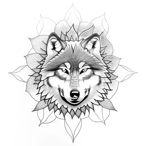Wolf Inside A Sunflower That Encompasses It Completely